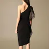 [DEAT] Summer Fashion Diagonal Collar High Waist Knee-length Ruffle Sleeveless Black Elegant Dress Women 13C788 210527