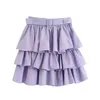 Stylish Chic With Belt Cascading Ruffle Mini Skirt Fashion High Waist Side Zipper Female Violet Skirts Faldas Mujer 210430