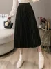 Surmiitro outono inverno espesso lã midi longa saia plissada mulheres estilo coreano meados de comprimento cintura alta uma linha saia feminina 211120