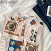 Kimutomo mode cartoon print blouse vrouwen hong kong stijl vrouwelijke turn-down kraag single breasted lange mouw shirt chic 210521