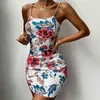 Kvinnor sommar blommigryck spaghetti band sexig smal elegant miniklänning bodycon dress vestidos 210521