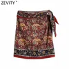 Zevidade Mulheres Vintage Totem Flor Imprimir Hem Irregular Sarong Saia Faldas Mujer Feminino Lado Feminino Bow amarrado Envoltório Mini Saia Qun785 210603