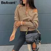 Beauvant Kaki Sexy Pulling Sweater Femme One Line Collier Taille High Taille Pull Discothèque Pull tricoté d'hiver 210709