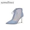 Sophitina мода женские ботинки пэчворк кроссвязанные хрустальные украшения лодыжки тонкие каблуки туфли стильные заостренные носки ботинки PO439 210513