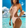 Głęboki Plunge V Neck Fringe Cut Out Swimsuit Trikini Kobiety Sexy Halter Backless Tassel Swimwear Kamski Kostium Monokini 210324