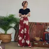 Bohemian Floral Impressão Largo Perna Calças Mulheres Longa Calça Casual Verão Boho Beach Férias Elásticas Cintura Alta Chiffon Calças 210608