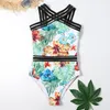 Sexig Baddräkt Kvinnor Leaf Print Swimwear Kvinna Mesh Patchwork Baddräkt Sommarstrand Wear Swim Bather Lady 210521