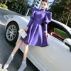 Elegant Puff Long Sleeve A Line Dress Women Slim Fit Turtleneck Vestido Autumn Winter Purple Ropa Mujer 46390 210422