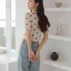 Streetwear Floral Embroidery Bow Lace Up Blouse Women Summer Vintage Puff Short Sleeve Shirts All-match Sweet Tops 210515