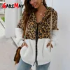 Leopard Faux Fur Coat Women Winter Warm Fleece Sweatshirt Zipper Hoodie OuterWear Splice Oversized Imitation Kvinna 210428