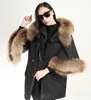 Cappotto invernale da donna Giacca di procione Grande collo di pelliccia Verde militare Soprabito casual Manica svasata Mantello Capispalla imbottito di cotone 210923