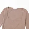 Jesień kobiety kwadratowy kołnierzyk Knitting krótki T Shirt Casual Femme O Neck z długim rękawem krótkie bluzki T1380 220307