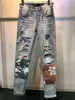 Luxurys Designer Mens Jeans Fashion am-Type Casual Camouflage Patch Skinny Stretch Men Jean Pencil Ripped Holes Hip Hop Zipper Den186x