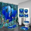 Duschgardiner 3D Ocean Design Dolphin Watertproof Fabric Badrumsgardin Blue Set Anti-Scid Rugs Toalettlock Täck Bad MAT308F