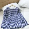 Summer And Blue-and-white Striped Open-fork Full T-shirt Spring Women's Loose Plus Size O Neck Casual Top 210615