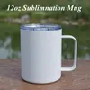 Blank Sublimation kaffemugg kopp med handtag 12oz Subliamtion mugg rostfritt stål reseglas med dubbla väggar vakuumisolerad tumlare med lock