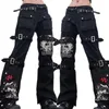 Kadın Kot Kadın Goth Punk Yüksek Bel Harajuku Metal Toka Kemer Hip Hop Baskı Kargo Pantolon Geniş Bacak Baggy Gevşek Denim Pantolon Stree
