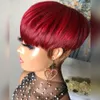 Ombre rode kleur korte bob pixie-cut pruik van echt haar, volledig machinaal gemaakt, geen kanten voorpruiken met pony, voor zwart-witte vrouwen Cosplay5009234