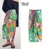 TRAF Women Skirts Za Summer Ruched Vintage Print Midi Long Skirt Woman Elegant High Waist Back Zipper Split Female 210619