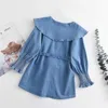 Toddler Girls Denim Dress, Long Sleeve Doll Collar Button Down Fall Dress with Belt G1026