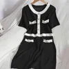 Koreanische Temperament Hit Farbe Gestrickte Kleid Sommer Frauen Kurzarm Einreiher Stricken beiläufige Dünne Robe 210519