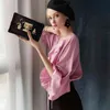 Dabuwawa Vintage Różowy Wzburzyć Rękaw V Neck Bluzka Top Nowoczesna Lady Kobiety Eleganckie Wrap Ham Bluzki Koszule Kobiet Do1ast049 210520