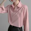 Femmes Mode Rose Blouse Coréenne À Manches Longues Revers Bouton Up Chemises De Bureau Femme Casual Tops 210525