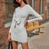 Women Striped Dress Casual O-Neck Long Sleeve Bow Tied Waist Mini Dresses Y0726