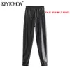 KPYTOMOA Kadınlar Moda Yan Cepler Faux Deri Koşu Pantolon Vintage Yüksek Elastik Bel İpli Kadın Ayak Bileği Pantolon Mujer 211124