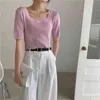 Summer Knitted Crop Tops Pullovers Women Short Sleeve Square Collar Sweater Fashion Solid Slim Ladies Jumpers Femme 210513