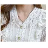 الصيف الخامس الرقبة قصيرة الأكمام بلوزة النساء أزياء كشكش الدانتيل الكروشيه قمم جوفاء الأبيض عارضة قميص الملابس blusas 13990 210521