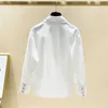 Beaded Diamond Peter Pan Collar Full Vit Skjorta Höst Vinter Design Loose Blouse Women 210615