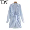 Traf mujeres chic moda con nudo rayado plisado mini vestido vintage manga larga irregular vestidos femeninos mujer 210730