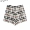 Zevity Women Vintage High Waist Plaid Print Knappar Tweed Shorts Kjolar Lady Side Zipper Chic Casual Slim Pantalone Cortos P1027 210603