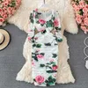 Black/White Floral Print Pleated Dress Women Vintage Square Collar Long Sleeve High Waist Draped Mesh Vestidos Female Runway New Y0603