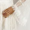 Casual Dresses White Sweet Solid Women Long Maxi Dress Fall Flare Sleeve Deep V-Neck Mesh See-through Sexy Ladies