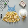 Baby meisjes zomer outfits mode korte mouw o-hals riem strik katoenen vest + jean rok kinderkleding kinderen meisje kleding 210326