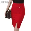 Plus storlek kvinnor midi kjolar hög midja stretch split sommar kvinna elegant kontor dam bomull paket höfter 210619