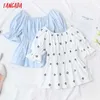 Tangada Women Retro Embroidery Romantic Cotton Blouse Shirt Short Sleeve Chic Female Shirt Tops 5N16 210609