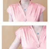 Satin Loose V-Neck Ärmlös Topp Kvinna Sommar Koreansk Silkskjorta Kvinnor Kortärmad Chiffon Blus Solid Färger 9790 210508