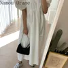 2021 Kobiety Lato Vintage Elegancki Gray Loose Long Dress Sukienka Puff Sleeve Nieregularna talia Wzburzyć Maxi Sundress X0521
