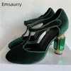 Sapatos de noiva de salto grosso de ágata esmeralda de luxo joias com alça alta em T verde veludo dedo do pé redondo com strass sapatos femininos