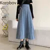 Korobov Denim Skirt Autumn and Winter New A-type Long All-match Umbrella Mid-length High-waisted Thin A-line 210430