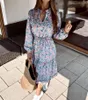 Casual Dresses Autumn Women Print Floral Ruffles MIdi Dress Ladies Long Sleeve V-Neck Strappy Elegant Spring Party