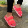 Fur Rhinestone Kvinnor Tofflor Platform Wedges Heel Black Faux Flur Non Slip Outside Indoor Slides Fashion Luxury Shoes Ladies Y220221