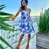 DEAT summer fashion women clothe straps slash color high waist knee length printed dress vacation vestido WR36905L 210428