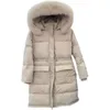 冬の女性の長い厚い暖かい雪オーバーコート90％ホワイトアヒルダウンコートラージリアルフォックス毛皮の襟フード付きジャケット210430