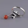 Cluster Rings 925 Silver Chinese National Style Enamel Color Koi Small Fish Retro Elegant Charm South Red Bead Tassel Women Adjustable Ring