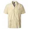 Blanc Cubain Camp Guayabera Chemise Hommes Élégant Brodé Tissé Chemises Boutonnées Hommes Mexicain Caraïbes Style Plage 2XL 210721