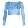 Autumn Fashion Tie Dye Printed Crop Top Sexy V-neck Cross Lace Up Hollow Navel Exposed T-Shirt Women Curl Edge Rib knit Tee 210507